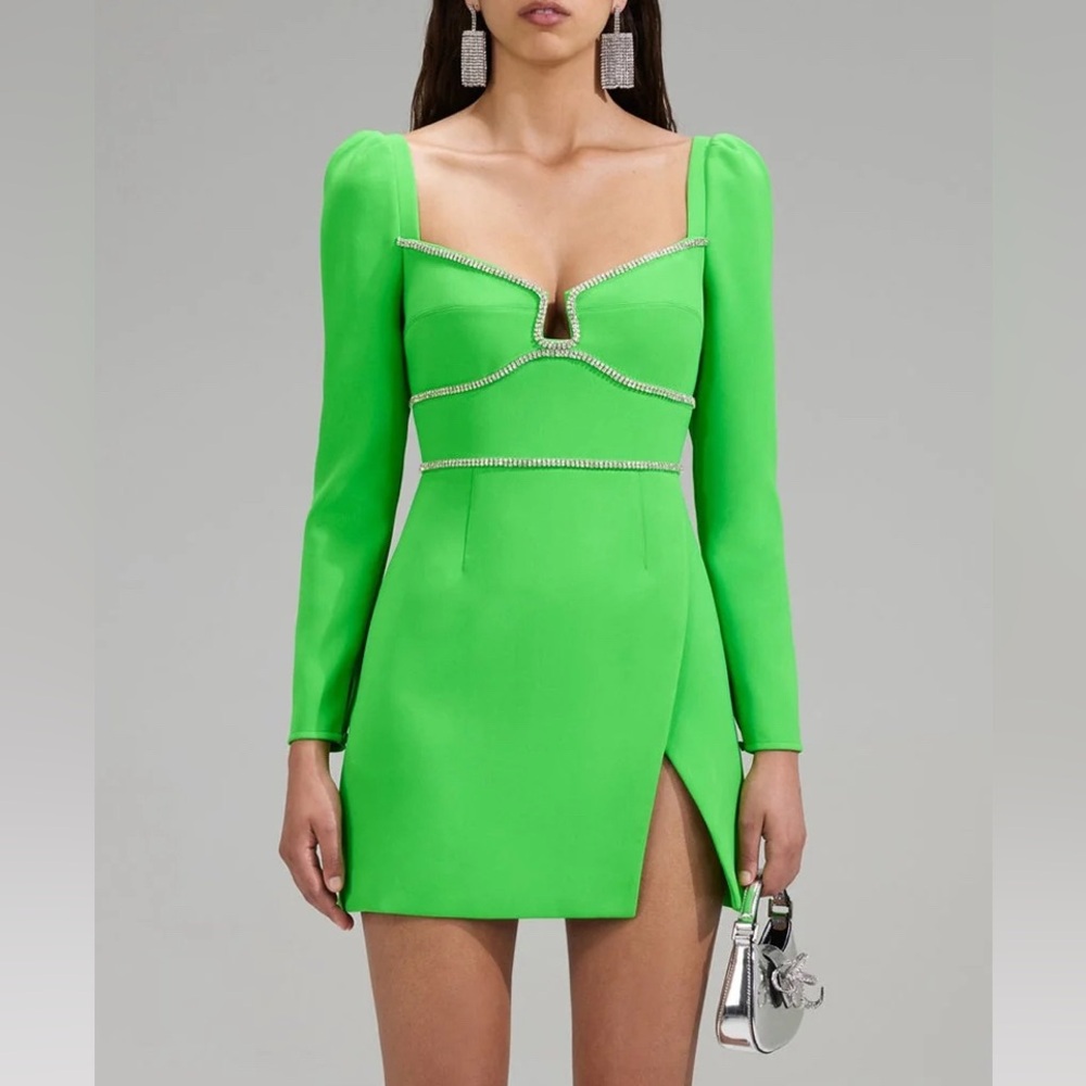 SELF-PORTRAIT Green Crepe Diamante Mini Dress